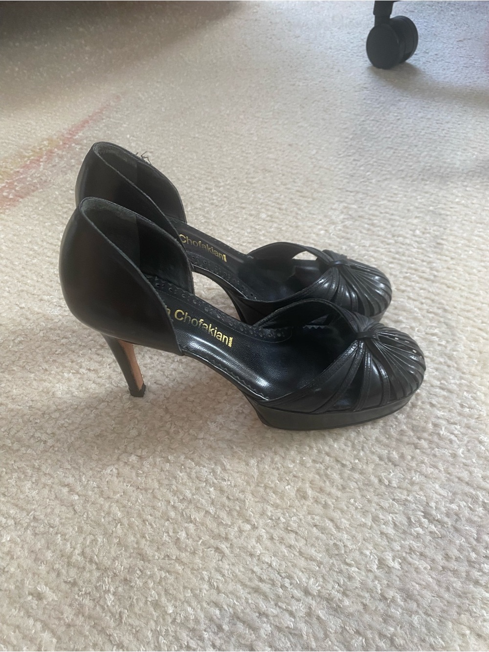 Black Leather Knotted Peep-Toe Heels
